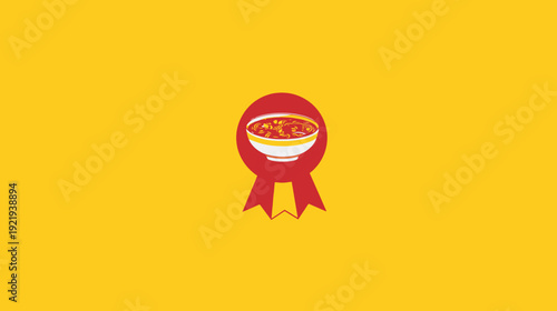 A bowl of food sits atop a red prize ribbon against a yellow backdrop. Simple, minimalist design