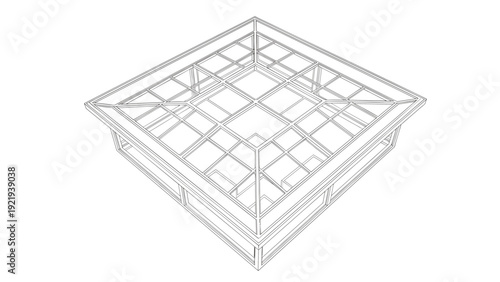 Modern square skylight with a grid structure and glass panels is depicted as a perspective technical line drawing on a white background.