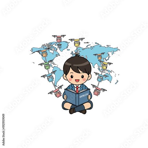 Young boy reading a book surrounded by global drone deliveries illustration