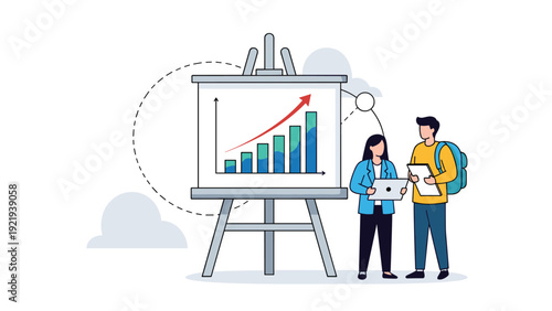 Two business people stand near a presentation easel showing a growth chart with rising bars and a red arrow for corporate success.