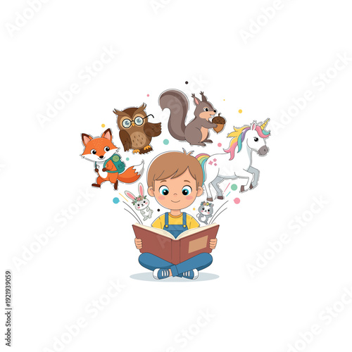 Boy reading book surrounded by fantasy animals in whimsical illustration style