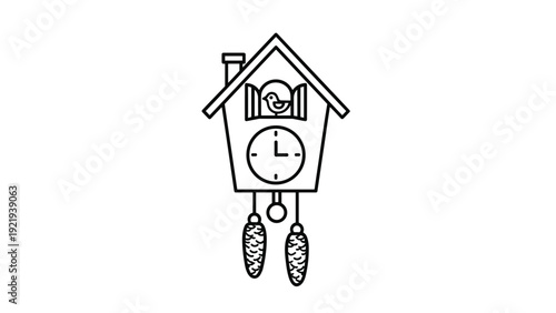 Traditional wooden cuckoo clock with a small bird in the window and pine cone weights is shown as a detailed line drawing for decor.