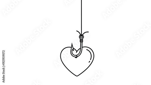 Red heart symbol is caught on a sharp metal fish hook hanging from a line in this black and white line drawing about love traps.
