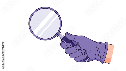Hand wearing a purple medical glove holds a magnifying glass for inspection or forensic investigation as a flat vector illustration.