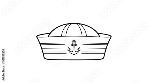White sailor hat with a dark brim and a central anchor logo is shown as a clean line drawing for nautical and military themes.