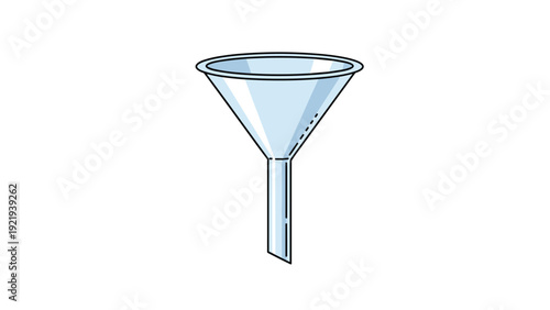 Clear glass funnel used for pouring liquids into small openings is shown as a clean vector graphic for science and kitchen concepts.