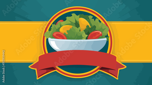 A vibrant, healthy salad illustration, featuring a bowl of greens with tomatoes and dressing on a banner