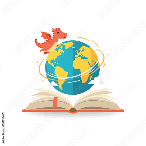 A red dragon flies around a globe above an open book illustration