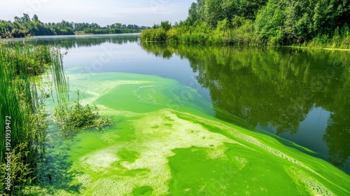 Toxic green algae bloom creating vibrant streaks on the surface of a polluted pond water body with lush trees