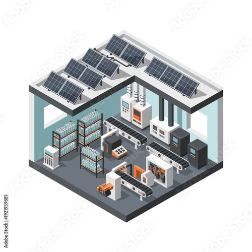 Isometric View of Factory with Solar Panels.