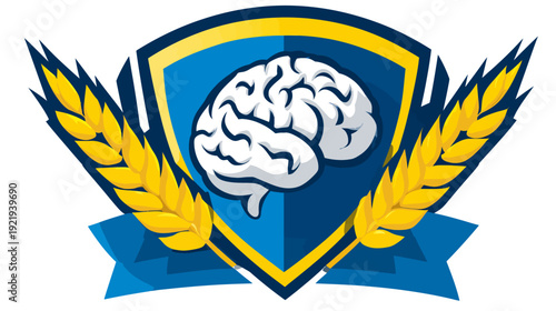 A stylized brain graphic is centrally positioned on a shield, flanked by wheat and ribbon