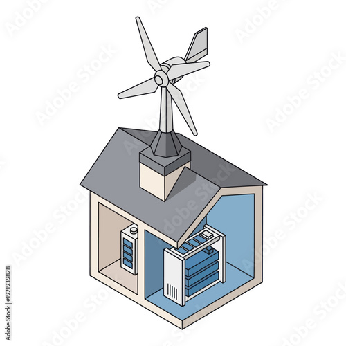 House with Wind Turbine on Roof.