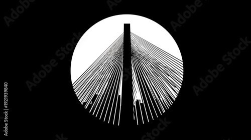 Black and white abstract of a suspension bridge with radiating cables inside a white circle