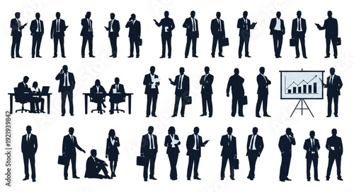 Collection of business people silhouettes in various poses and actions.