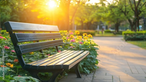 Wooden park bench bathed in warm sunlight amidst vibrant flowers and lush greenery on a peaceful day