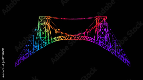 A vibrant, abstract illustration of a suspension bridge with rainbow color scheme against a black background