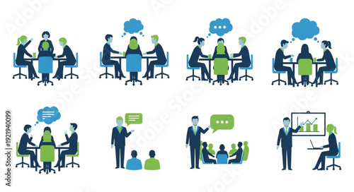 Business meeting and presentation illustrations set.