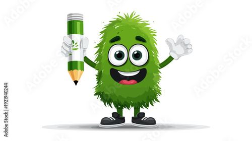 Animated cartoon character, furry, holding pencil. Shows thumbs up, with big eyes and a wide smile