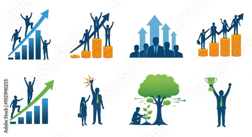 Business growth and success concepts illustrated with people and charts.