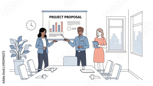 Diverse Business Team Presenting Project Proposal in Office Meeting.