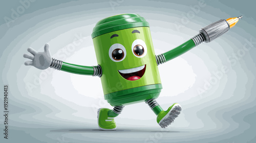 A vibrant cartoon character with a pencil for an arm, running with joy