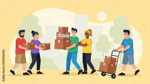 Diverse group of people collaborating to move donation boxes.