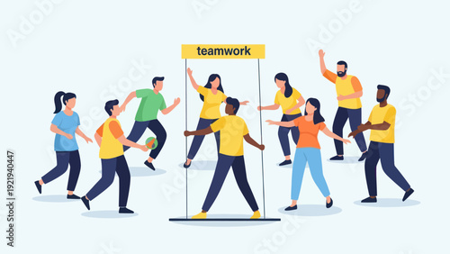 Diverse group of people collaborating to raise a Teamwork banner, illustrating unity and collective effort.