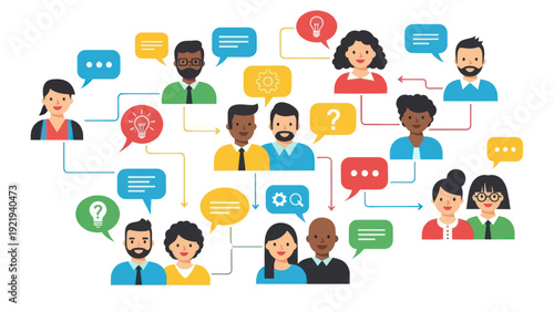 Diverse group of people communicating and networking with speech bubbles.