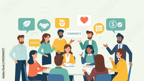 Diverse group of people discussing community and social responsibility.