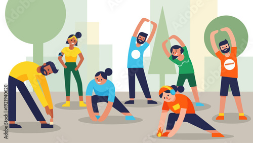 Diverse Group of People Stretching and Exercising Outdoors.