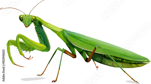 Digitally painted illustration of a green praying mantis insect with brown legs and a white background