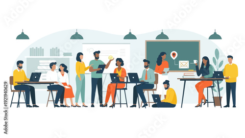 Diverse group of professionals collaborating and working in a modern office environment.