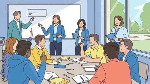 Diverse group of students and teachers engaged in a classroom discussion.