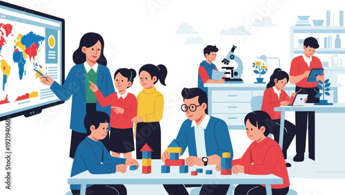 Diverse group of students and teachers engaged in various learning activities in a modern classroom setting.