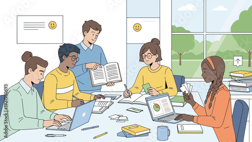 Diverse group of students collaborating on a project in a bright study room.