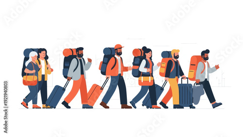 Diverse group of travelers walking with luggage and backpacks, ready for adventure.