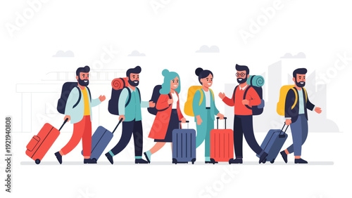 Diverse Group of Travelers with Luggage and Backpacks Walking Together.