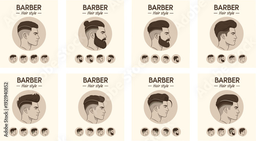 Barber hair style collection poster, modern men haircut variations with beard and fade designs, vintage vector illustration set