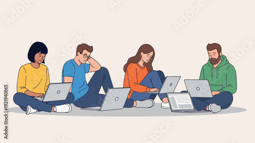 Diverse Group of Young Adults Engaged in Laptop Work on the Floor.