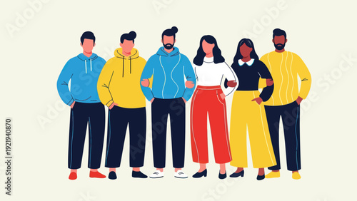 Diverse Group of Young Adults Standing Together in Casual Attire.