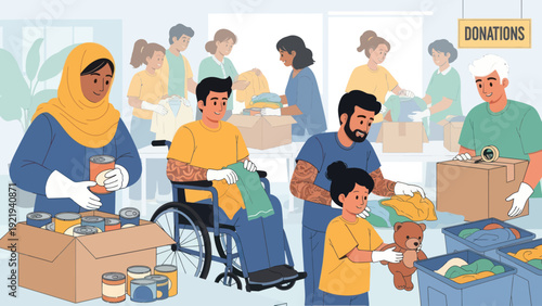Diverse Group of Volunteers Sorting Donations for Community Support.