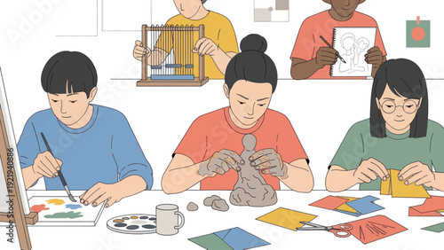 Diverse group of young students engaged in various art and craft activities.