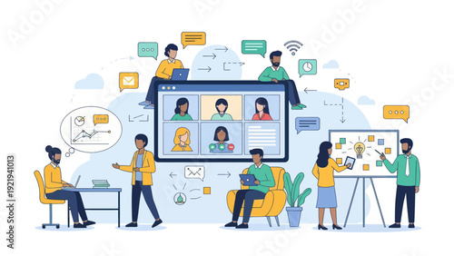 Diverse Team Collaborating Remotely Through Video Conference and Digital Tools.