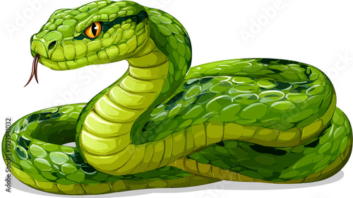 Animated digital illustration of a green snake coiled, showcasing detailed scales and a forked tongue