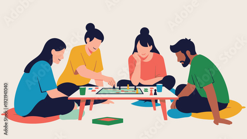 Four friends playing a board game together, enjoying a casual and fun gathering.
