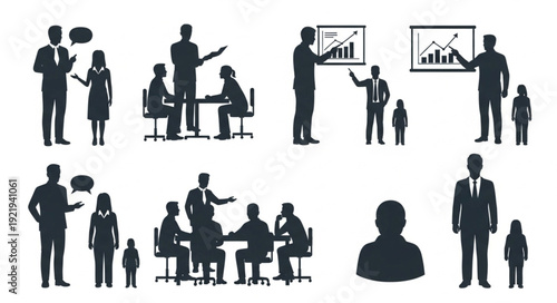 Business meeting and presentation silhouettes with charts and speech bubbles.
