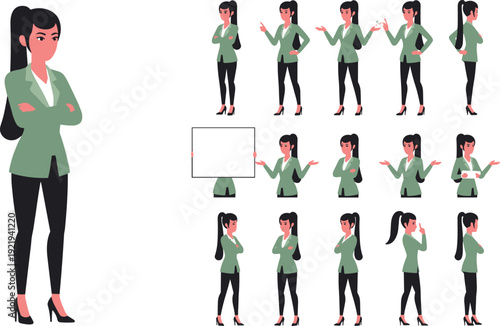 Businesswoman character poses set, professional female office worker in different gestures and presentations vector illustration collection