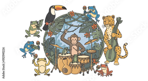 Tropical Jungle Animals Music Band with Monkey, Toucan and Leopard