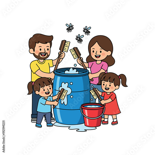 Family washing clothes together in a large blue barrel with brushes