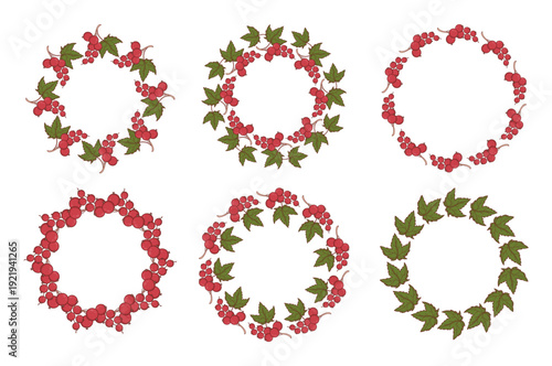 Redcurrant Round Wreaths Set. Botanical Circle Frame with Currant Red Berry Branches and Leaves with Empty Copy Space. Isolated Vector illustration on white background